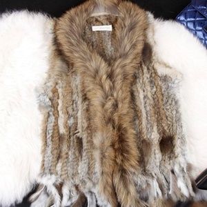 Knit Rabbit with Raccoon Fur Beige Vest